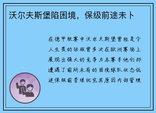 沃尔夫斯堡陷困境，保级前途未卜