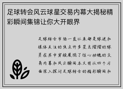 足球转会风云球星交易内幕大揭秘精彩瞬间集锦让你大开眼界