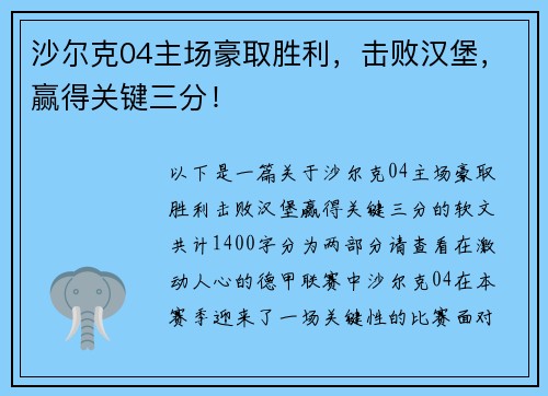 沙尔克04主场豪取胜利，击败汉堡，赢得关键三分！